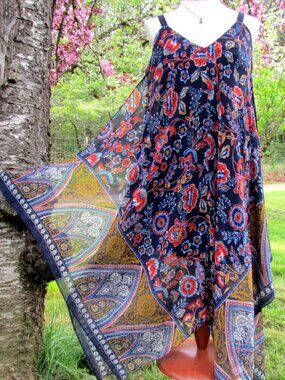 BOHO FESTIVAL DRESS, M, NAVY RED GOLD PRINT, AIRY OVERSKIRT, HANDKERCHIEF HEM